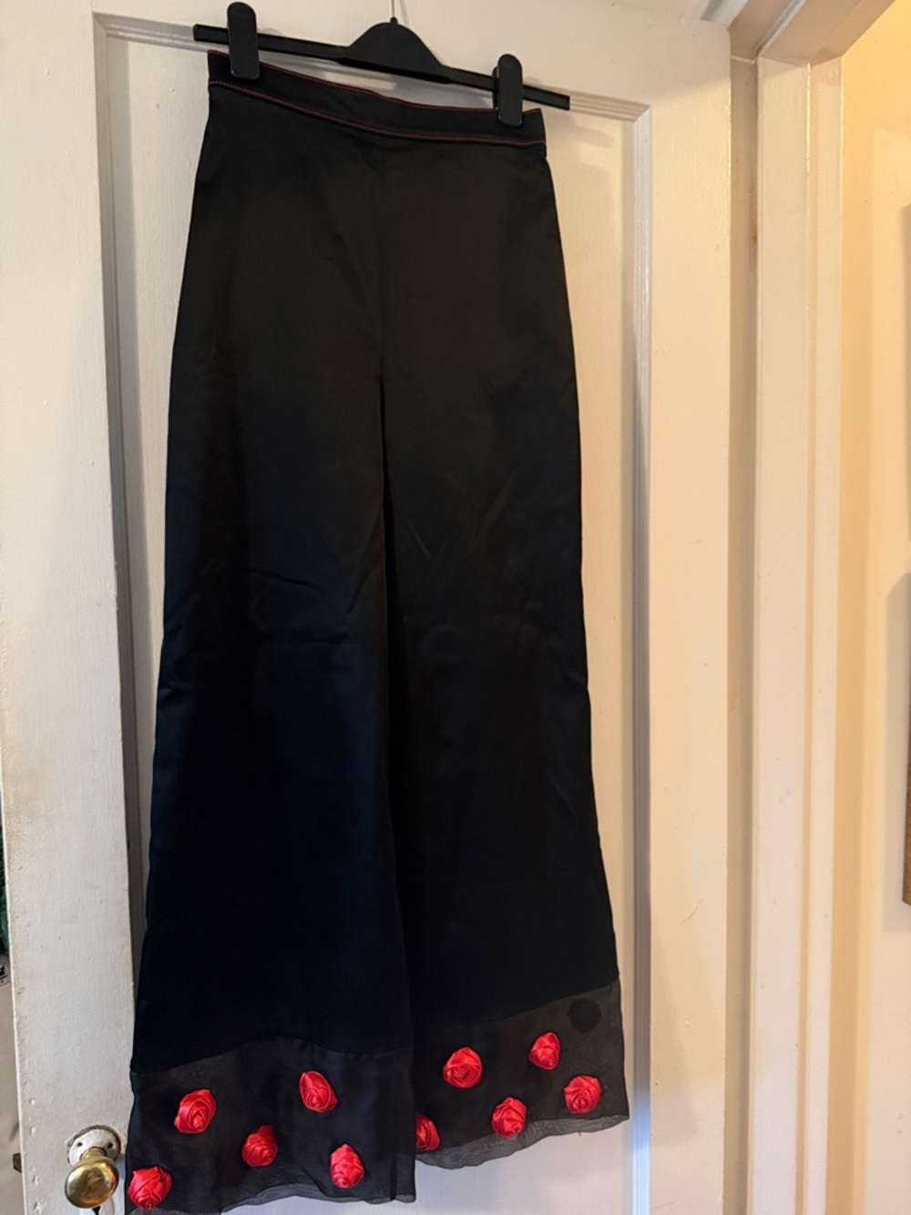 Wide Leg Italian Satin Black Pants with Silk/Red Rosette Floral Trim